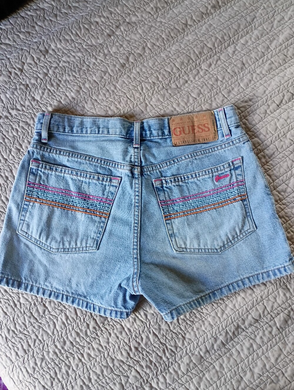 Vintage Rare GUESS Light Blue Denim Shorts with Multicolor Pocket Stitching